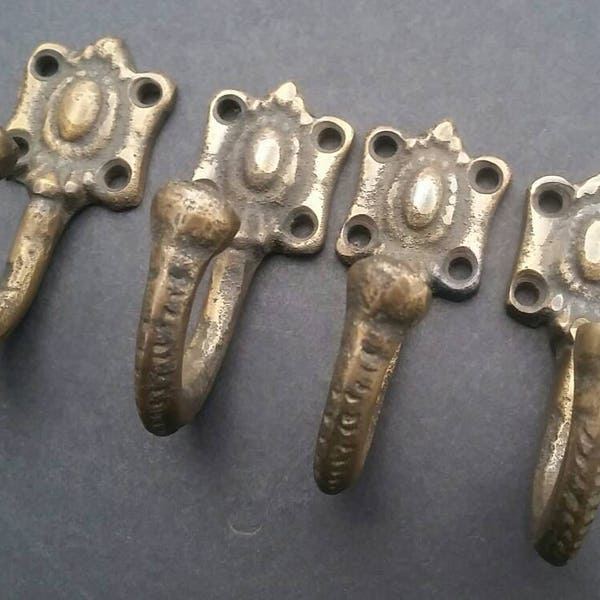 4 x Ornate Antique Vintage Single Coat Hat Hooks, Hangers 2-1/2" in Solid Brass #C4