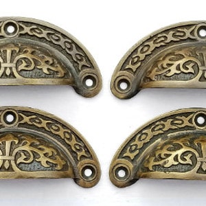 4 Antique Vintage Victorian style brass apothecary bin pull handles 3-7/16"wide (3" centers) #A5