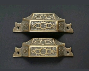 2 Antique Vintage Style Solid Brass Victorian Eastlake Apothecary Bin Pull Handles 4-9/16" wide (3-3/4" centers) #A6