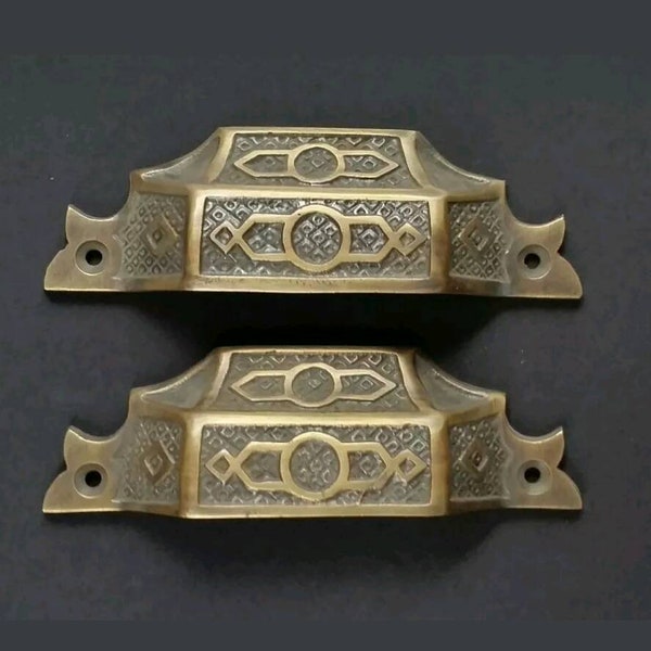 2 Antique Vintage Style Solid Brass Victorian Eastlake Apothecary Bin Pull Handles 4-9/16" wide (3-3/4" centers) #A6