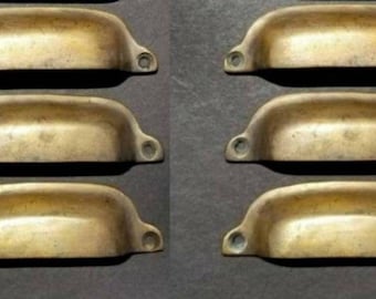 6 x Antique Style Brass Apothecary Cup Drawer Cabinet Bin Pulls Handles 3-3/8" centers #A19