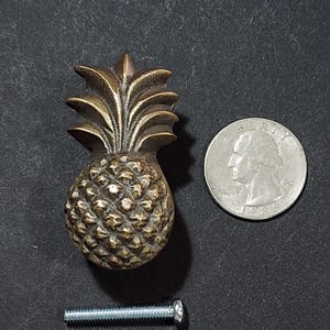 May include: A brass pineapple-shaped cabinet knob with a screw. The knob is about the size of a quarter.