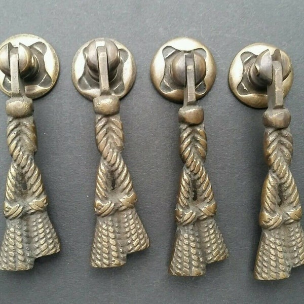 4 x decorative Classic Rope and Tassle Pendant Drop Handles with back plates in Solid Tarnished Brass 2-3/4" long #H5