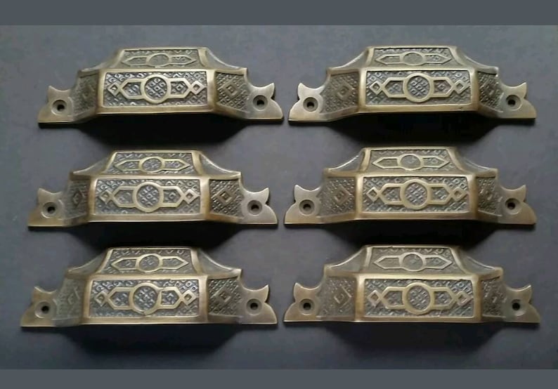 6 antique vintage brass Victorian Apothecary Bin Pull handles 4-916 #A6