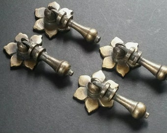 4 Antique Style Solid Brass Tear Drop Pendant Handles Pulls Knobs w. screws 2 1/2" long with 1 3/8" dia. Floral Backplate #H4