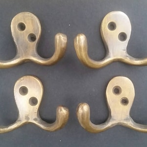 Set of 4 Small Antique Style Double Coat Hat Hooks Solid Brass approx 2-1/2" wide #C1