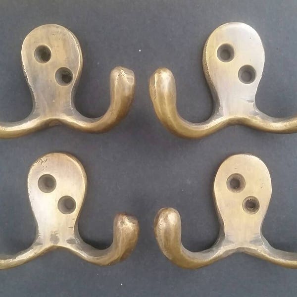 Set of 4 Small Antique Style Double Coat Hat Hooks Solid Brass approx 2-1/2" wide #C1