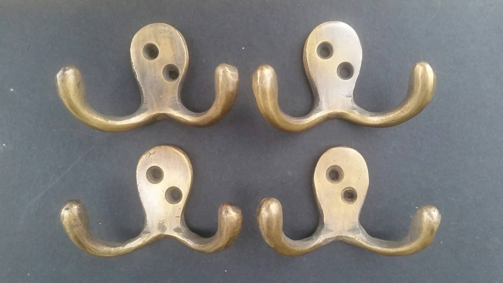 Set of 4 Small Antique Style Double Coat Hat Hooks Solid Brass