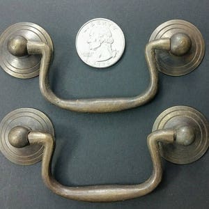 2 x Antique Style Brass Swan Neck Bails Cabinet Drawer Pull handles w Bolts approx. 3"cntr #H39