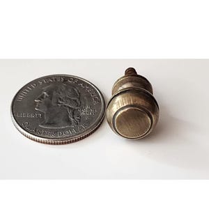 May include: A small, round, brass knob with a screw on the back. The knob is about the size of a UK 20 pence coin.