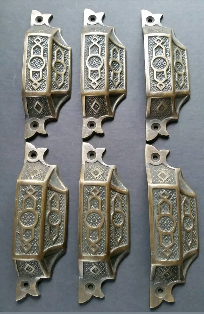 6 antique vintage brass Victorian Apothecary Bin Pull handles 4-916 #A6