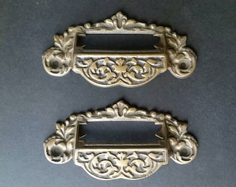 2 Vtg. Antique Victorian Style Solid Brass Victorian Apothecary Bin Pull Handles with Label File Holder Slot 3-3/4" centers (4-1/2" wide)#A7