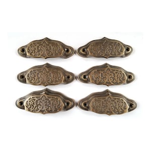 6 x Solid Brass Antique Vintage Style Victorian, Art Nouveau Apothecary Bin Pull Handles, Hardware. 3-9/16" w. (approx 2-3/4" center)  #A4