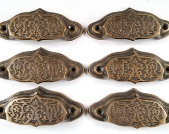 6 x Solid Brass Antique Vintage Style Victorian, Art Nouveau Apothecary Bin Pull Handles, Hardware 3-9/16" w. (approx 2-3/4" center)  #A4