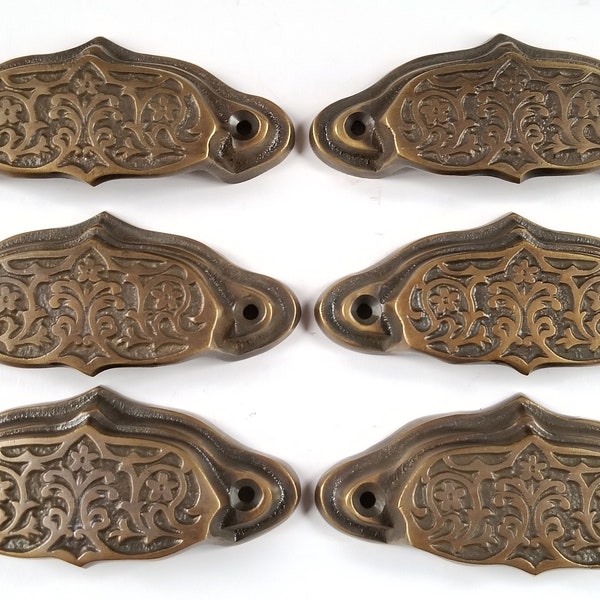4 Antique vtg. Style Victorian Brass Apothecary Bin Pulls Handles 3
