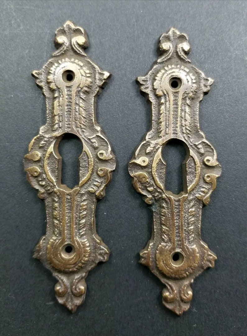 2 x Antique ,Brass, Keyhole cover,French Escutcheons, Hardware,Doors and locks, Ornate Keyhole,skeleton keys, 3 1/4 E20 画像 3