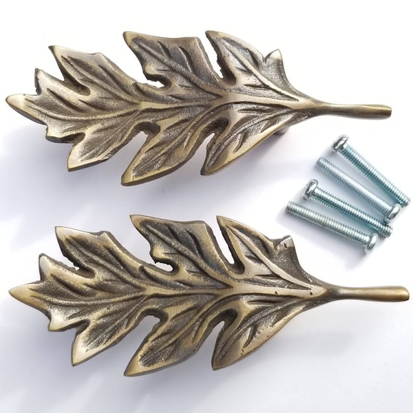 2 x Unique Antique Style solid brass Oak Leaf handles 4"long #P8