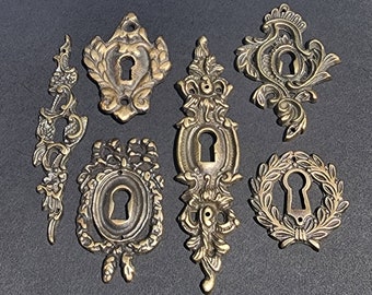 6 Various Vintage Antique Style Decorative Eschutcheons, lock , Padlock, keyhole covers, Ornate Solid Brass approx 1-3/4" - 4-3/4" tall #E18