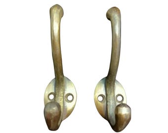 2 x Solid Antique Brass Double Coat Hooks w. Oval Backplate 3" x 2" #C9