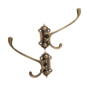 2 x Old Style Solid Brass Double Wall Mount Swivel Coat Hat Towel Hooks. Antique Folding brass hooks. Cabin porch hooks. un-laquered.#C24