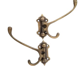 2 x Old Style Solid Brass Double Wall Mount Swivel Coat Hat Towel Hooks. Antique Folding brass hooks. Cabin porch hooks. un-laquered.#C24