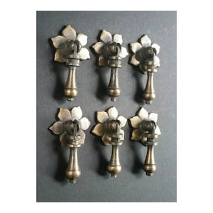 6 Antique Style Solid Brass Tear Drop Pulls - Floral Backplate, #H4