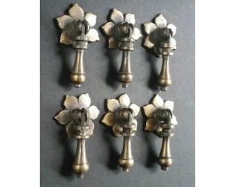 6 x Antique Style Solid Brass Tear Drop Pendant Handles Pulls Knobs w. screws 2 1/2" long with 1 3/8" dia. Floral Backplate #H4