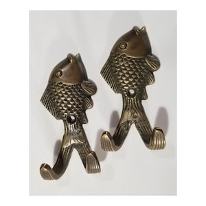 2 Vintage Style FISH HOOKS Solid Brass Coat Hat Towel Hanger, gift idea, fishing, fisherman 3" #C23