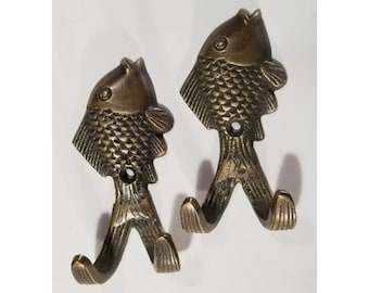 2 Vintage Style FISH HOOKS Solid Brass Coat Hat Towel Hanger, gift idea, fishing, fisherman 3".unlaquered. #C23