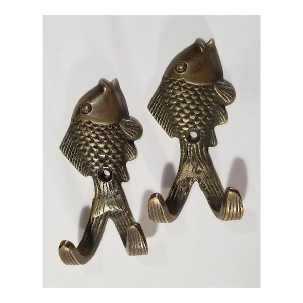 2 crochets à poisson style vintage en laiton massif cintre pour chapeaux, idée cadeau, pêche, pêcheur 3" # C23