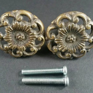 May include: Two ornate brass cabinet knobs with a floral design and two silver screws.