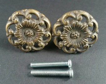 2 x Antique Vintage Style French Provincial Brass Floral Knobs Pulls Handles 1-1/2" dia. #K24