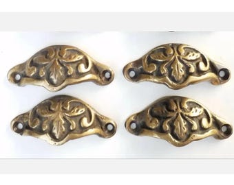 4 x Apothecary Cabinet Drawer Bin Pull Handles in Solid Brass with Oak Leaf Motif Un-laquered. 2-3/8" centers (2-7/8"wide).woodworking. #A3.