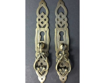 2 x Large Ornate Vertical Brass Handle Drawer Pulls knobs 5 3/8" x 7/8" #H37