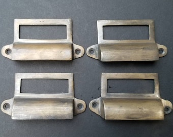4 x Antique Vintage Card File Cabinet Handle, File Label Holders with Cup Bin Pull Handles, Organizing label 3-1/4" wide overall #A17