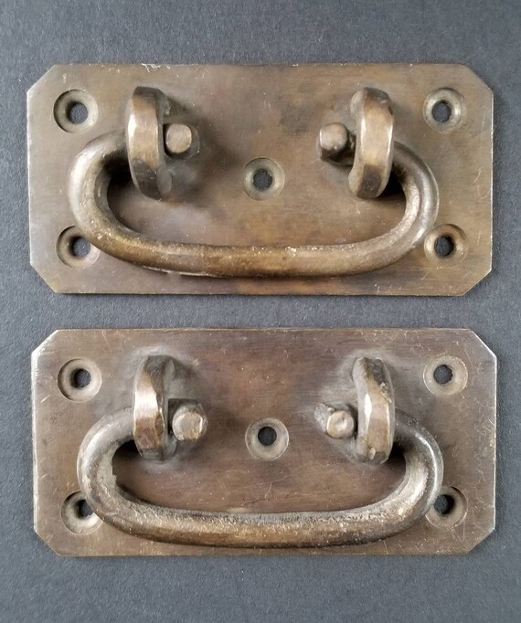 Lot Set Of 2 Antique Solid Brass Trunk Pull Drop Handle Trap Door Toolbox P12