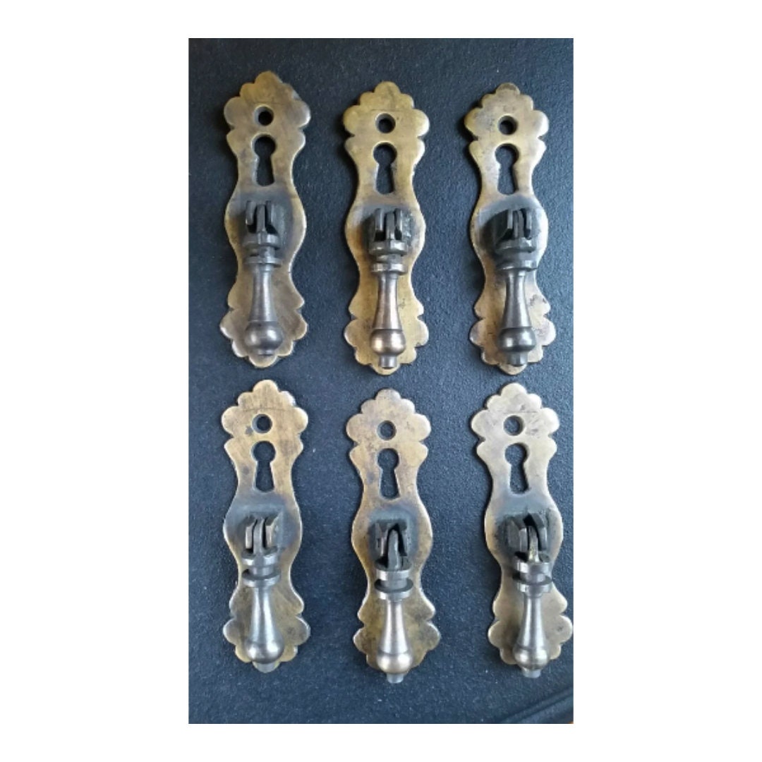 6 Ornate teardrop pendant Brass Handles drawer pulls with key hole 3 3/4" #H1 