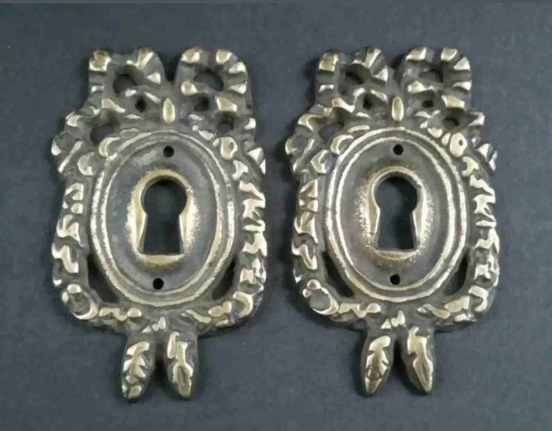 Pair Vintage Style French Provincial Brass Escutcheons, Ribbon Garland ...