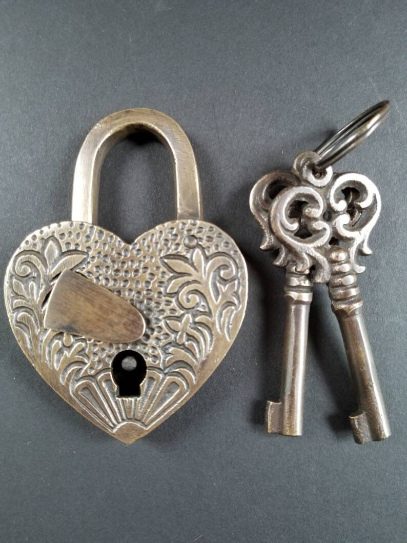 Heart Shaped Love Lock, Commitment Lock, Paris Bridge Lock, Valentine Lock with 2 Ornate Skeleton Keys Solid Quality Brass 3-3\/4