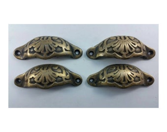 4 x Apothecary Cabinet Drawer Bin Pull Handles 3-9/16" wide Solid Ornate Brass #A2