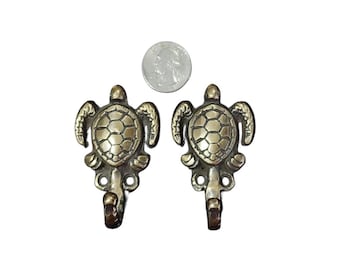 2 Small Sea Turtle Coat Hat Towel Hooks Solid Brass Antique Vtg style 2-1/2" long #C19