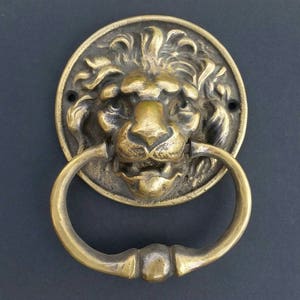 Large Unique Antique Vintage Style Solid Brass Lion Head Door Knocker, Towel Ring 6" #D6
