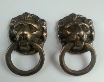 2 x Solid Brass Ornate Lion Head ring drawer pulls handles 1-7/8"w x 3"t doorknocker #H12