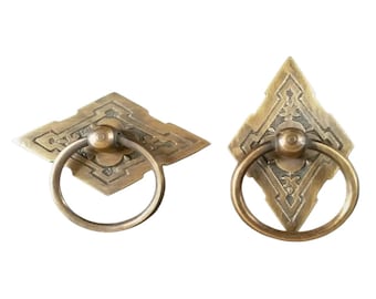 6 x Eastlake Antique Style Handles, Ring Pulls,  Furniture Hardware, Diamond Backplate Brass Pulls.Unlaquered. 2-3/8" wide #H15