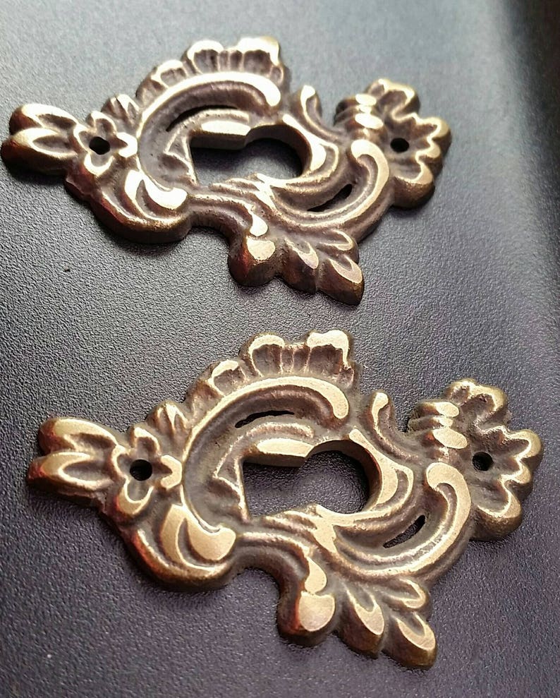 2 Small Antique French Brass Escutcheon Hardware Ornate Fancy Etsy