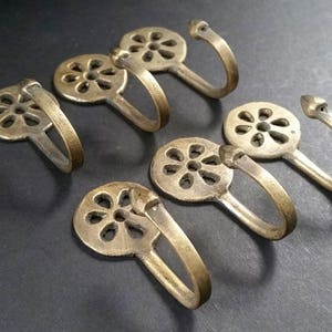 6 x Unique Solid Brass Small Single Coat Towel Hooks Floral Daisy Ornate Backplate, approx 2-3/8" long #C5