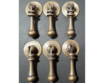 6 x Antique Style Solid Brass Tear Drop Pendant Handle Pulls Knobs w. bolts approx 1" round Backplate .Unlaquered. #H3