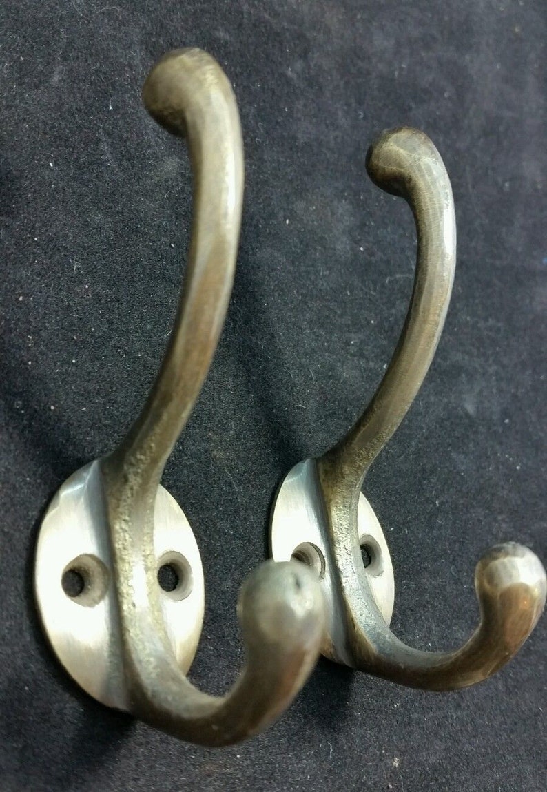 2 X Solid Antique Brass Double Coat Hooks W. Oval Backplate Etsy