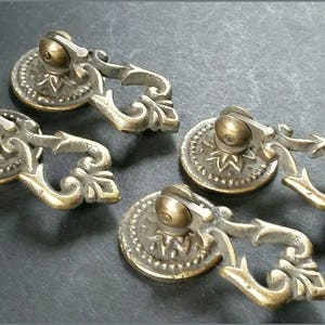 4 x Small Ornate Drop Ring Drawer Pulls Handles Hardware in Solid Brass with round Floral back Plate 2" overall #H8