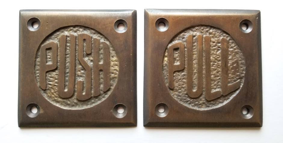 Set of PULL and PUSH Signs Unique Antique Style Art Deco Solid Brass 2-1/2  F11 -  New Zealand